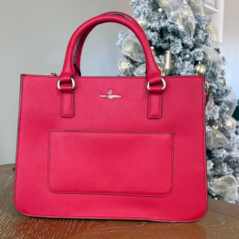 Karl Lagerfeld Bright Red Structured Satchel with Gold Hardware